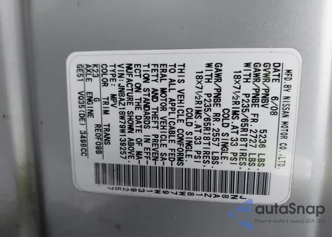 2009 Nissan Murano Sl z USA, uszkodzony, nr VIN JN8AZ18W79W139257